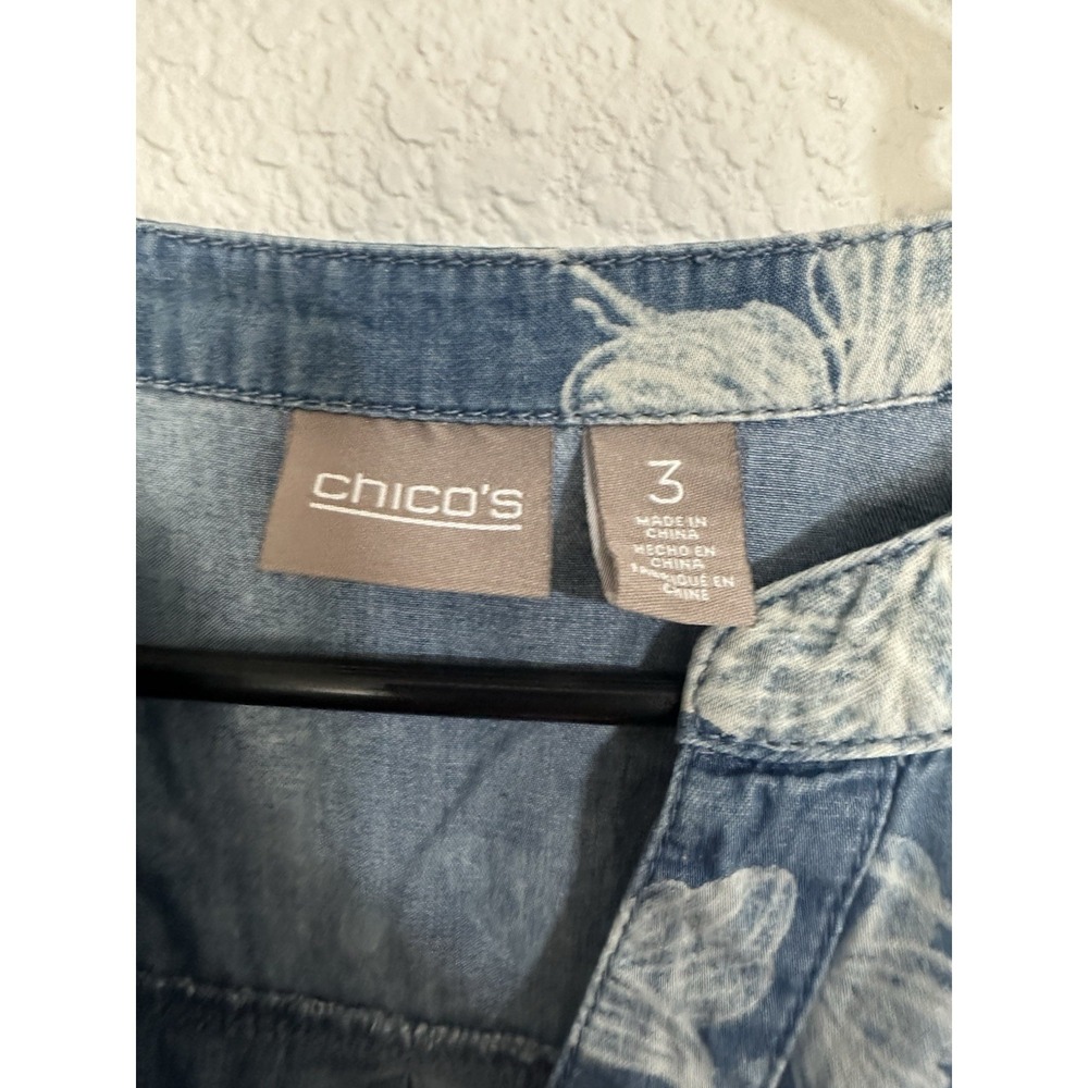 Chicos Top 3 Womens XL Blue Floral Denim Chambray 3/4 Roll Tab Sleeve - Picture 2 of 7